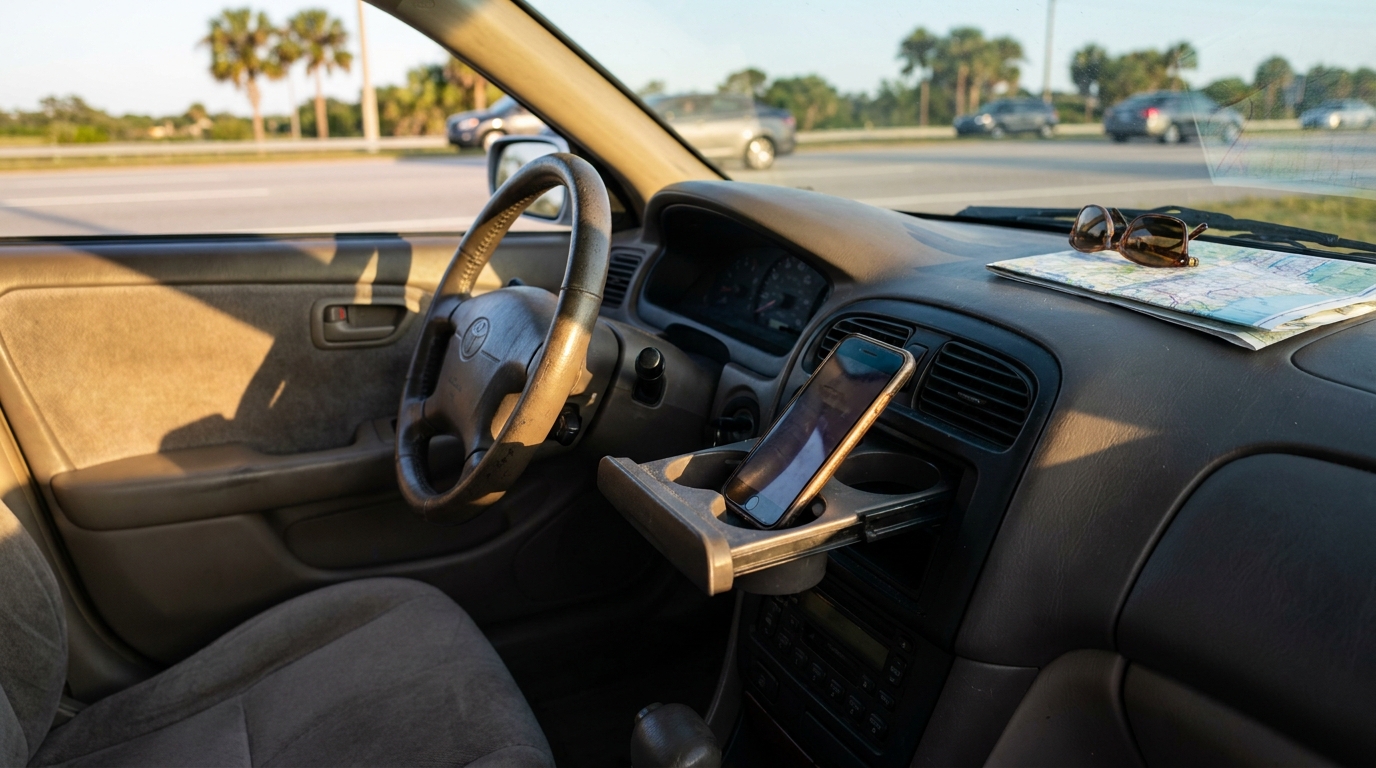Phone on Dashboard Distracted Driving Florida Road vehicle interior showing steering wheel, smartphone in cup holder, and road map on dashboard