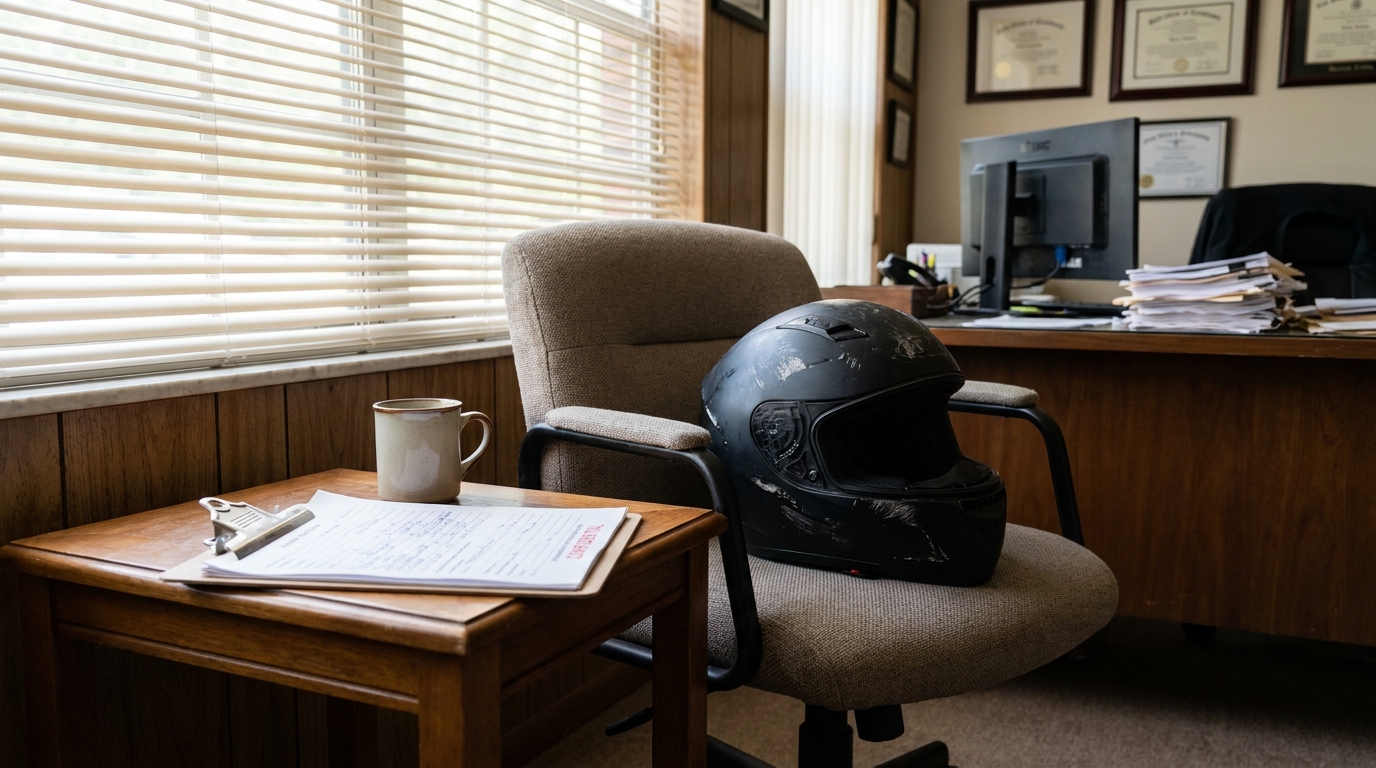 motorcycle helmet resting on office chair beside legal documents and coffee mug