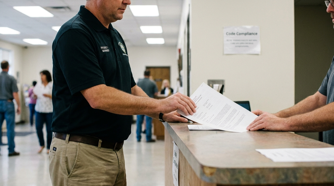 Florida Property Manager Filing Unsafe Condition Report at Code Compliance Office property manager submitting documents at Code Compliance office counter