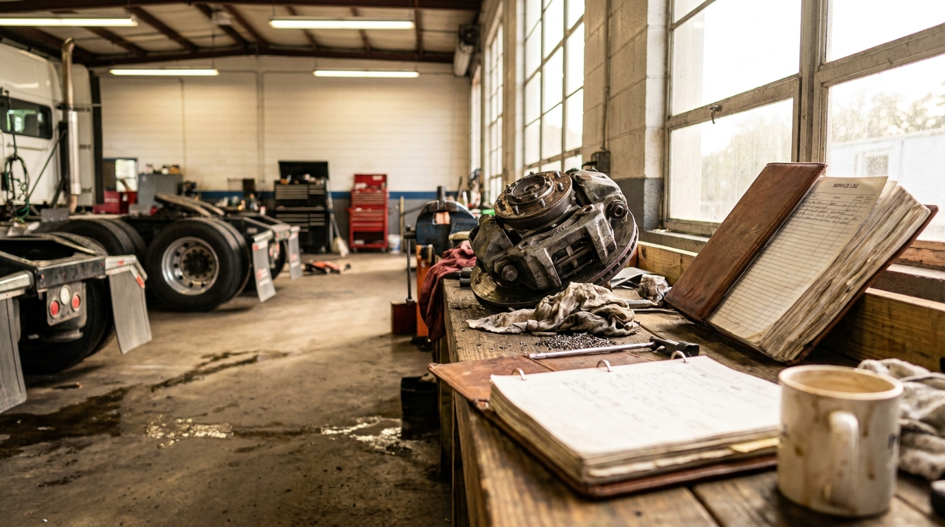 commercial truck repair shop workbench with brake assembly, service log, and mug