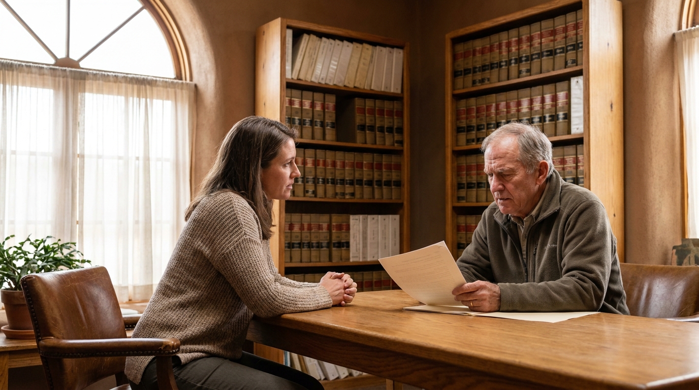 Santa Fe Probate Attorney Consulting Client on Will Contest two people reviewing legal document at table in law library office