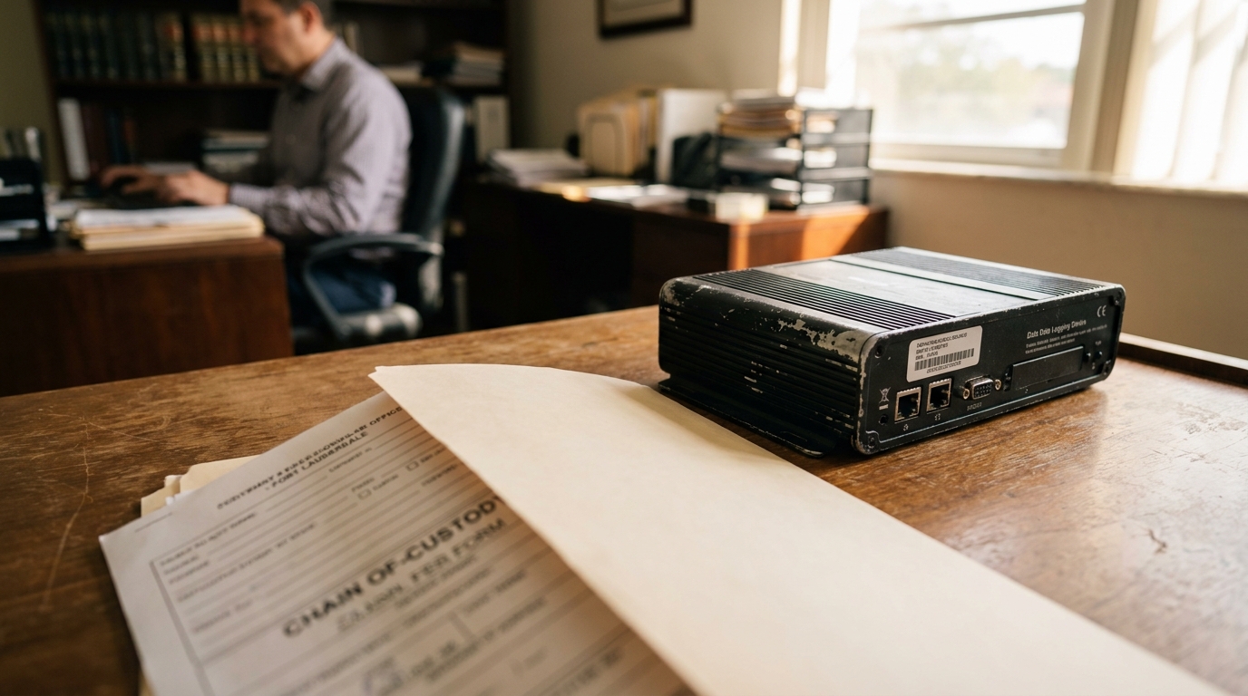 Fort Lauderdale Truck Black Box ECM Data Chain of Custody Chain of Custody form and data logging device on law office desk