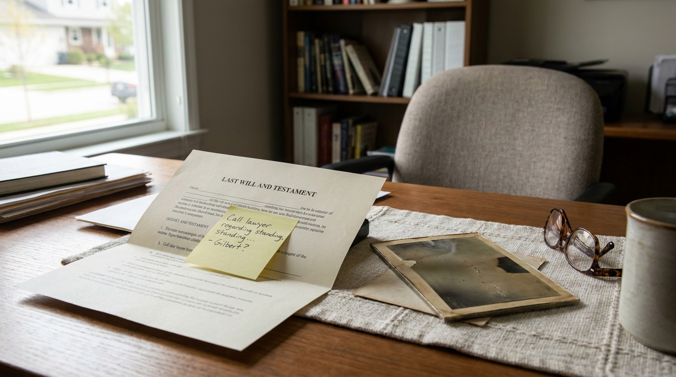 Last Will and Testament document on desk with sticky note and eyeglasses