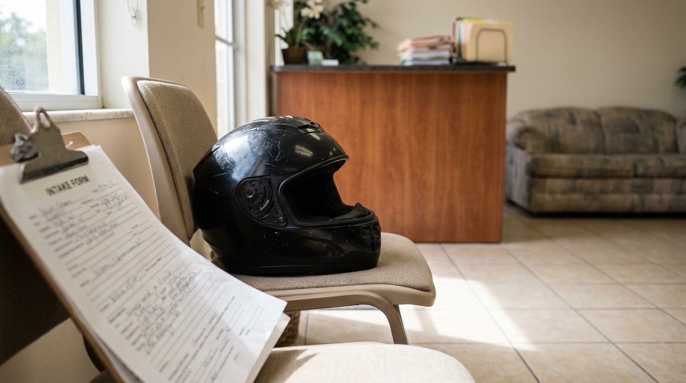 Motorcycle Helmet and Intake Form at Fort Lauderdale Injury Attorney motorcycle helmet resting on waiting room chair beside completed intake form