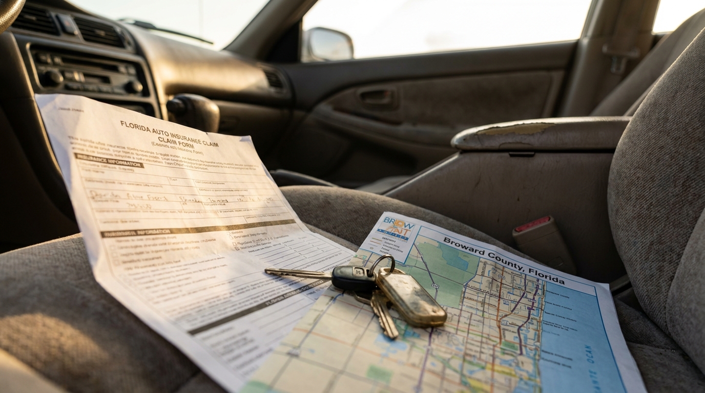 Florida Auto Insurance Claim Form Broward County Car Accident Florida Auto Insurance Claim Form, car keys, and Broward County map on vehicle seat