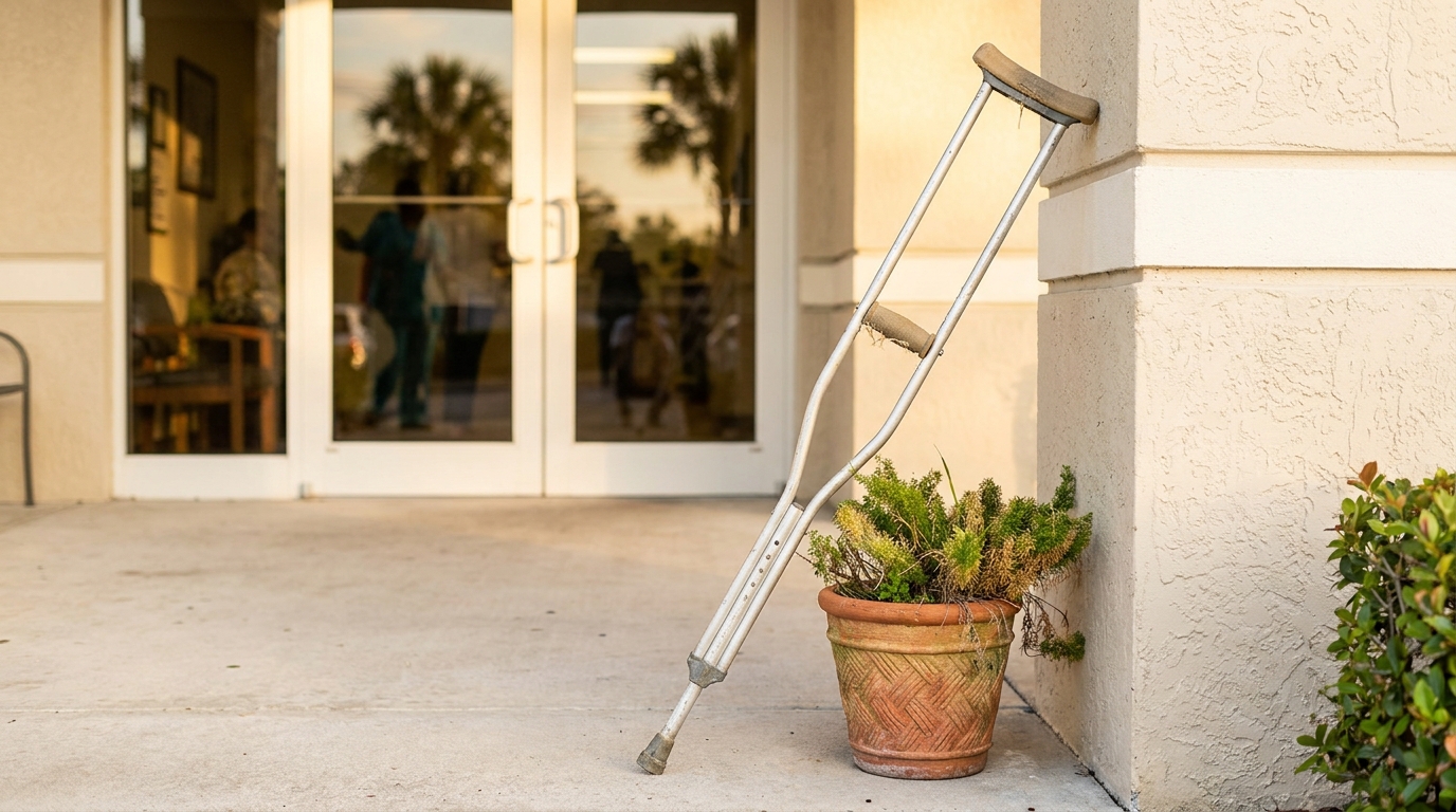 metal crutch leaning against building wall beside potted plant near entrance