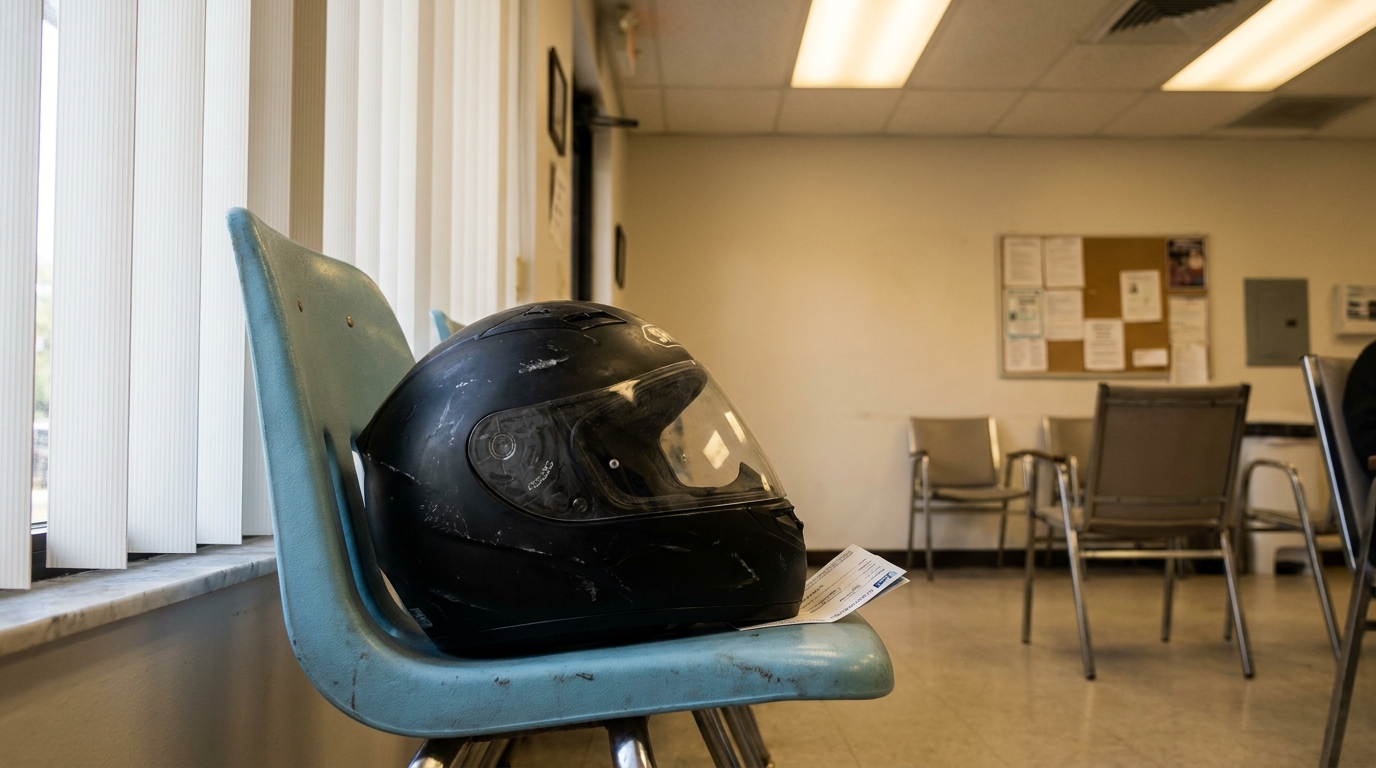 Florida Motorcycle Helmet and Insurance Claim in Waiting Room motorcycle helmet resting on waiting room chair beside document