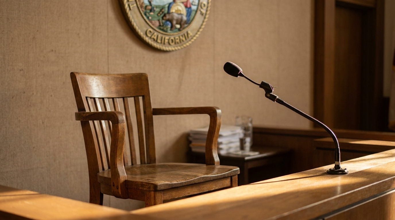 California Courtroom Witness Stand Perjury False DV Accusation empty witness stand with microphone and California state seal in courtroom