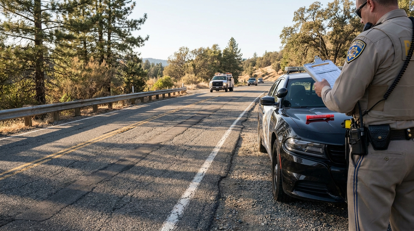 CHP Officer Documenting Highway 50 Crash Scene Placerville CA California Highway Patrol officer writing on clipboard beside patrol car on rural road
