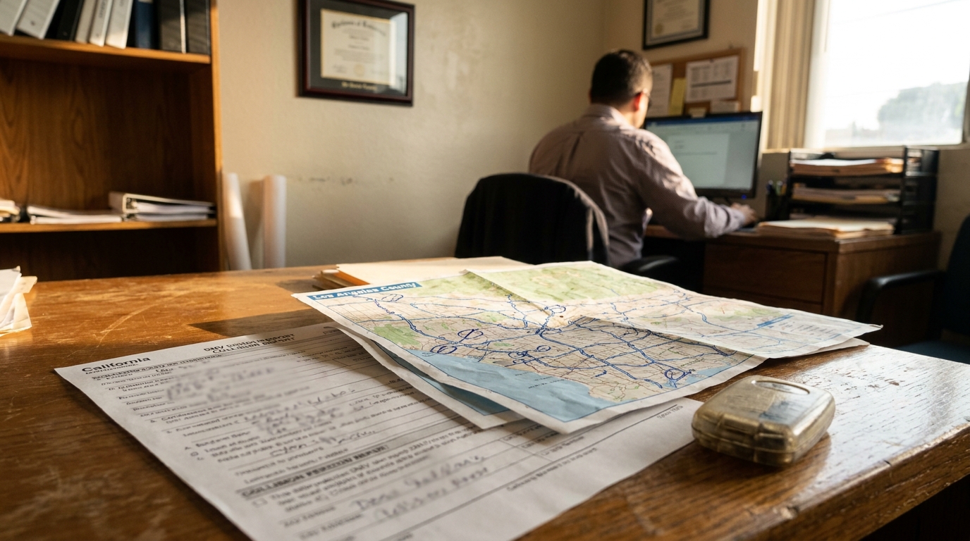 Los Angeles Car Accident Attorney Reviewing CA Crash Claim California legal document and Los Angeles County map on attorney office desk