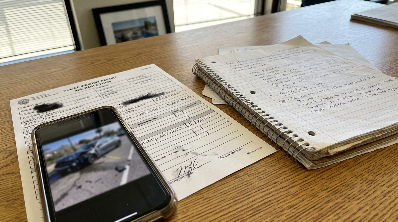 Car Accident Evidence Documentation Newport Beach CA Police incident report insurance form beside smartphone showing crash photo and handwritten legal notes