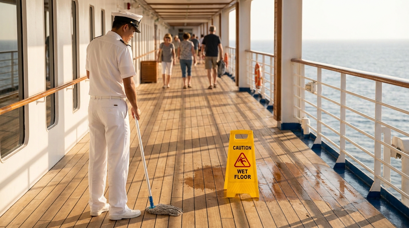 cruise ship crew member mopping deck beside Caution Wet Floor sign