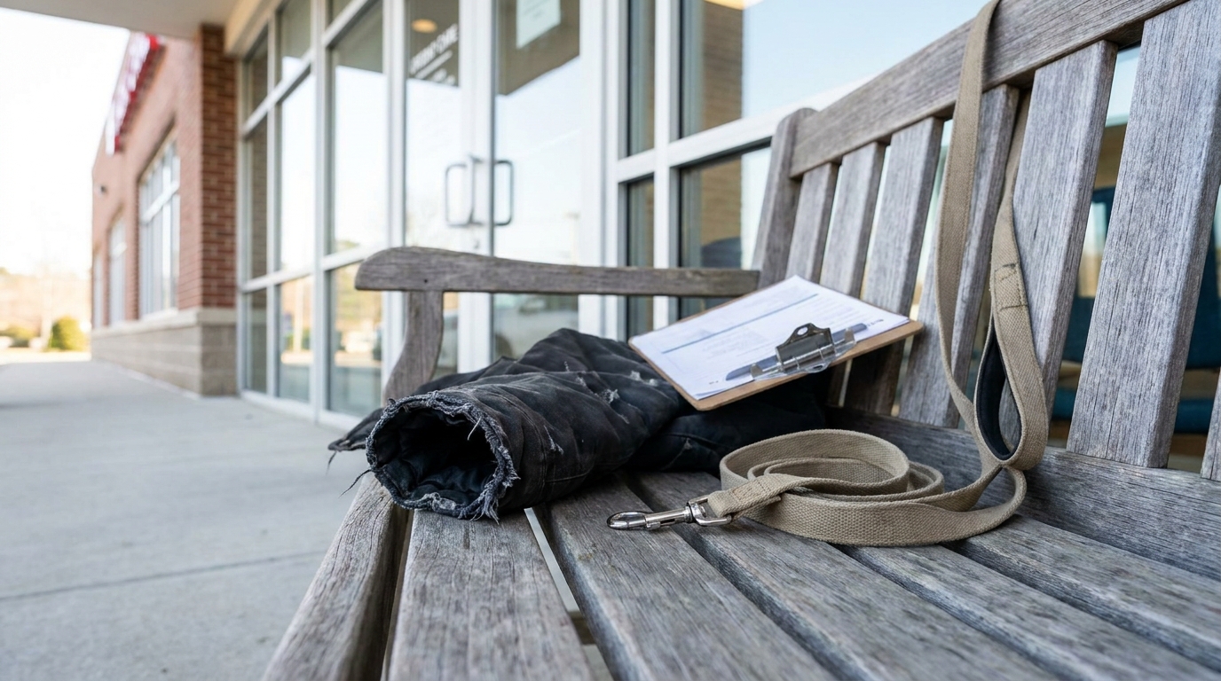 Torn Clothing Dog Leash Claim Form Orange County torn fabric item, dog leash, and clipboard with documents on outdoor bench