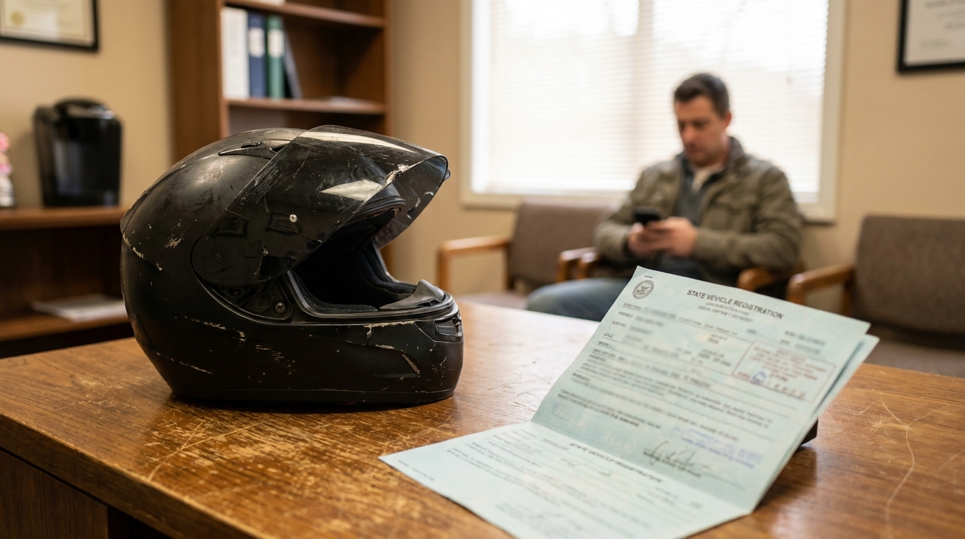 scratched motorcycle helmet beside State Vehicle Registration document on office desk