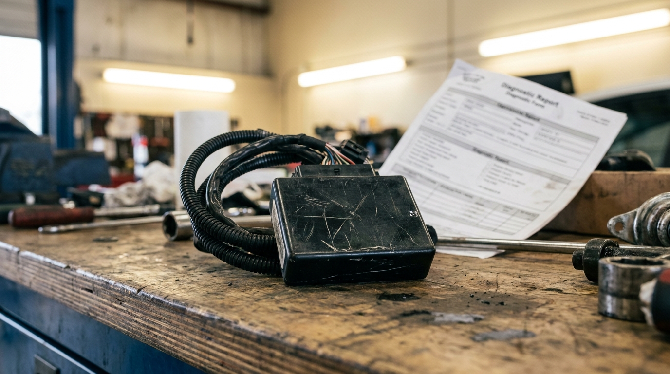 Vehicle Black Box EDR Evidence Sacramento Car Accident vehicle ECU module with wiring harness beside diagnostic report form on garage workbench