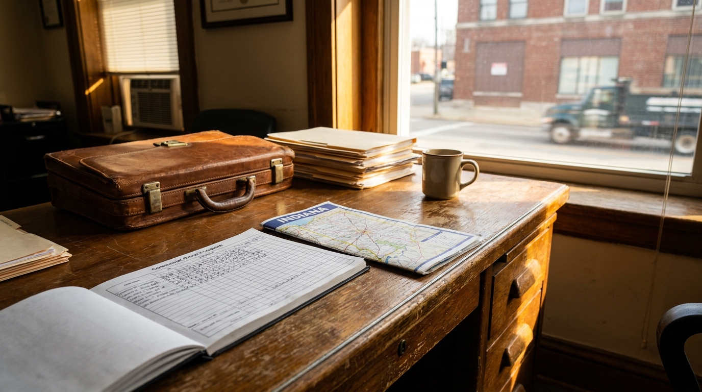 Indianapolis Truck Accident Lawyer Office With Indiana Map Commercial driver's logbook and Indiana map on wooden desk with leather briefcase
