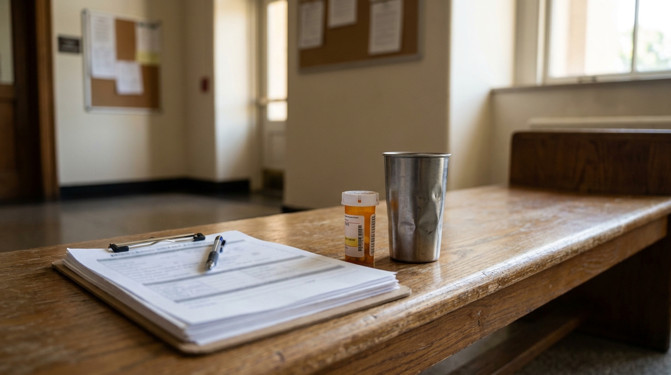 Sacramento Mental Health Diversion Courthouse Bench With Prescription clipboard with documents, prescription bottle, and metal cup on wooden table