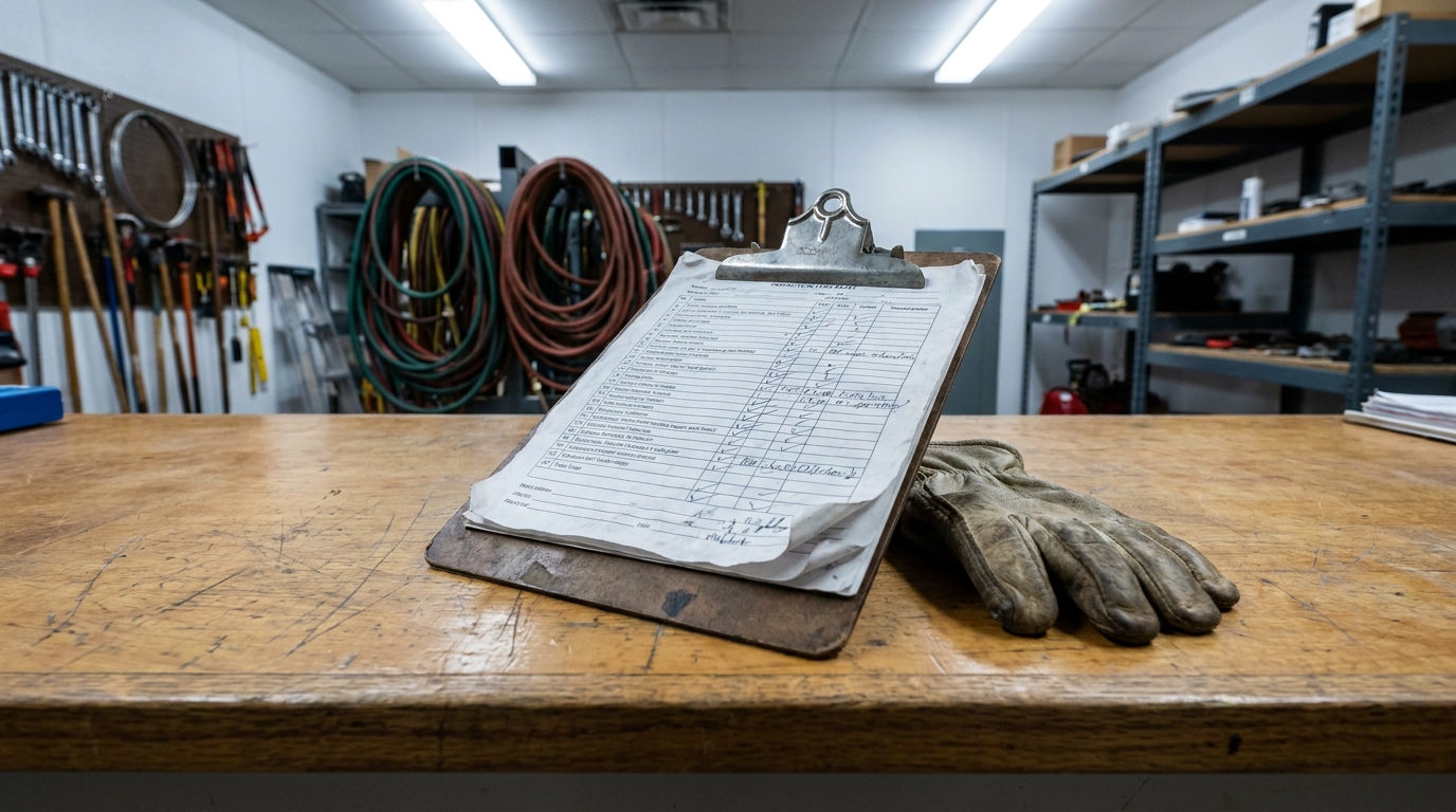 Indianapolis Property Inspection Checklist Constructive Notice Slip and Fall inspection checklist on clipboard with work gloves on industrial workbench