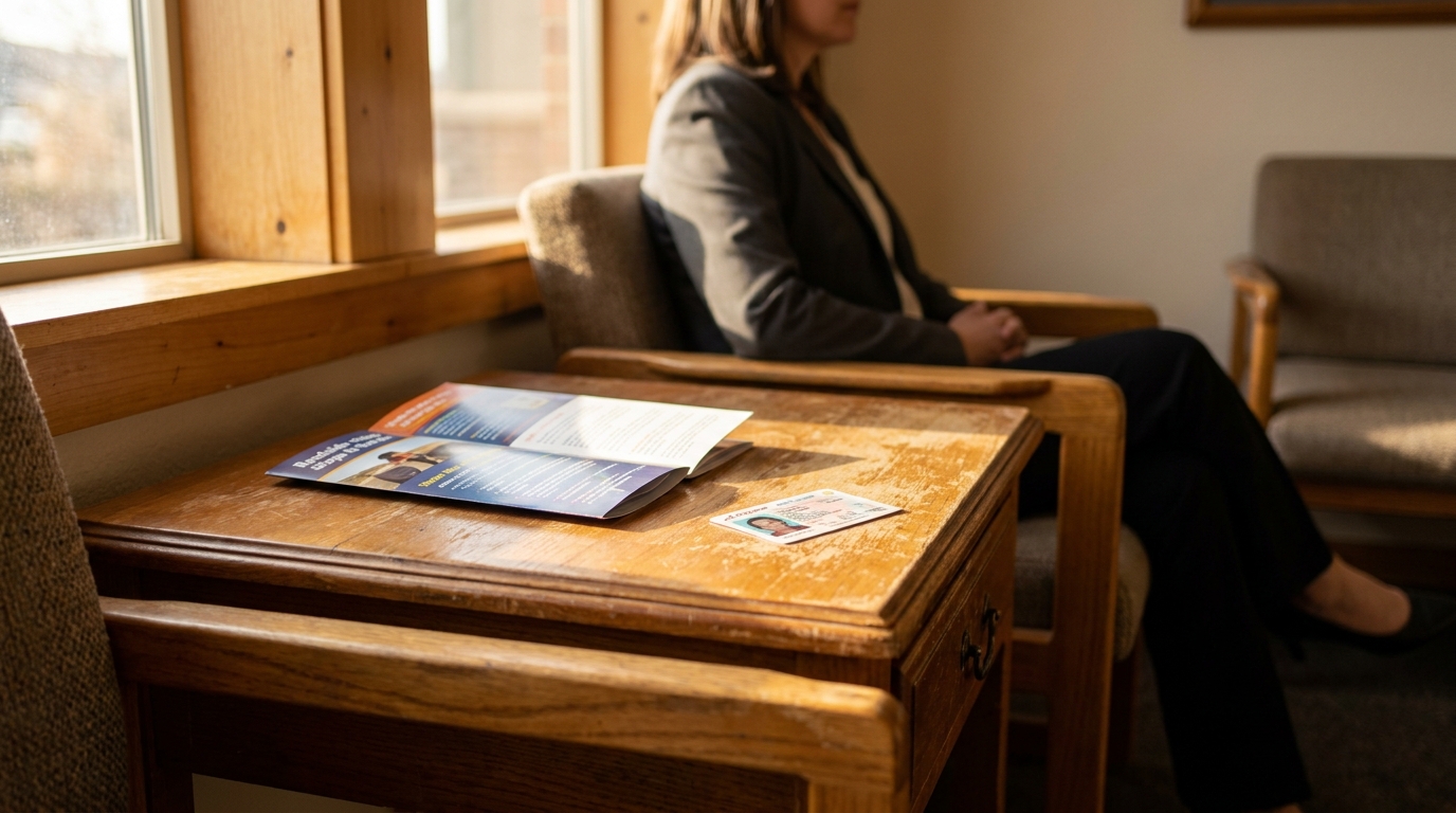 Consulta con Abogado en Punto de Control de DUI en Arizona mujer sentada en sala de espera junto a mesa de madera con folleto legal y tarjeta de identificación