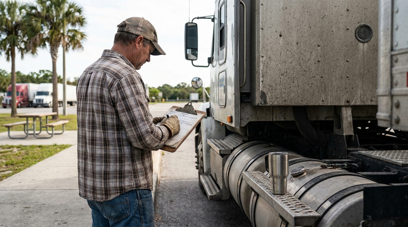 Florida Truck Driver Reviewing HOS Logbook Orlando truck driver writing on clipboard while standing beside commercial semi-truck