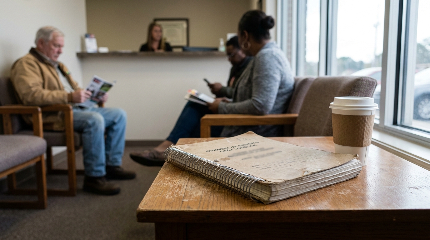 Commercial driver's daily logbook on table in law firm waiting room