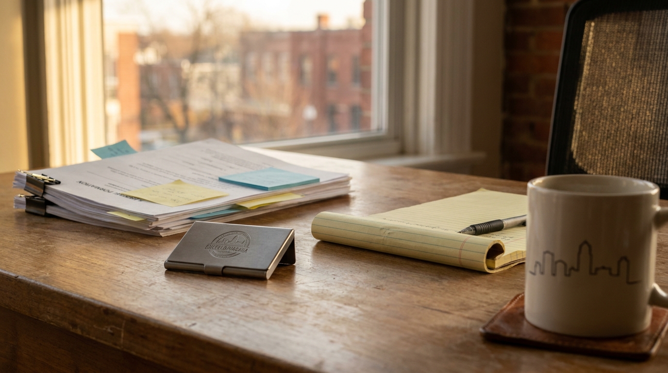 Buffalo Startup Attorney Desk With Legal Documents law firm desk with legal documents, notepad, pen, and branded card holder