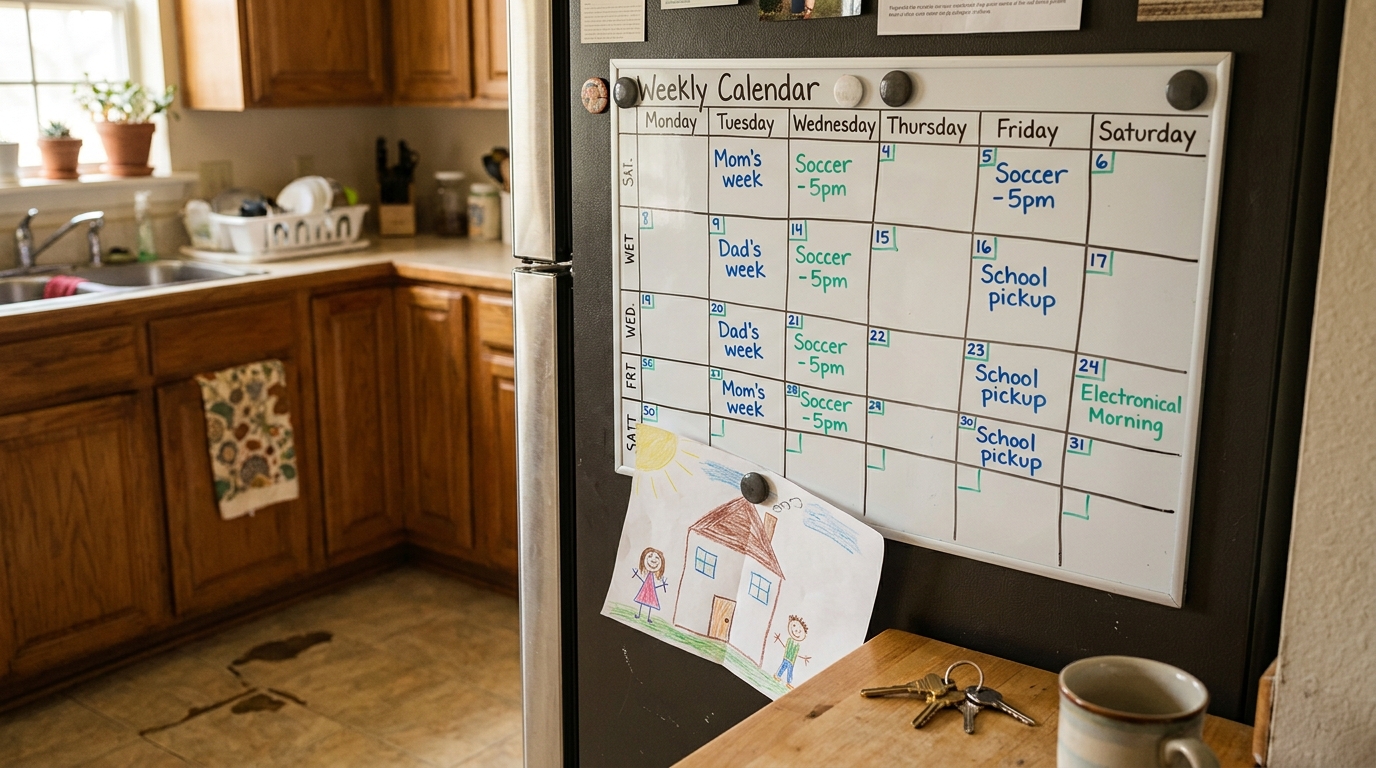 Weekly Calendar on refrigerator showing Mom's week and Dad's week custody schedule