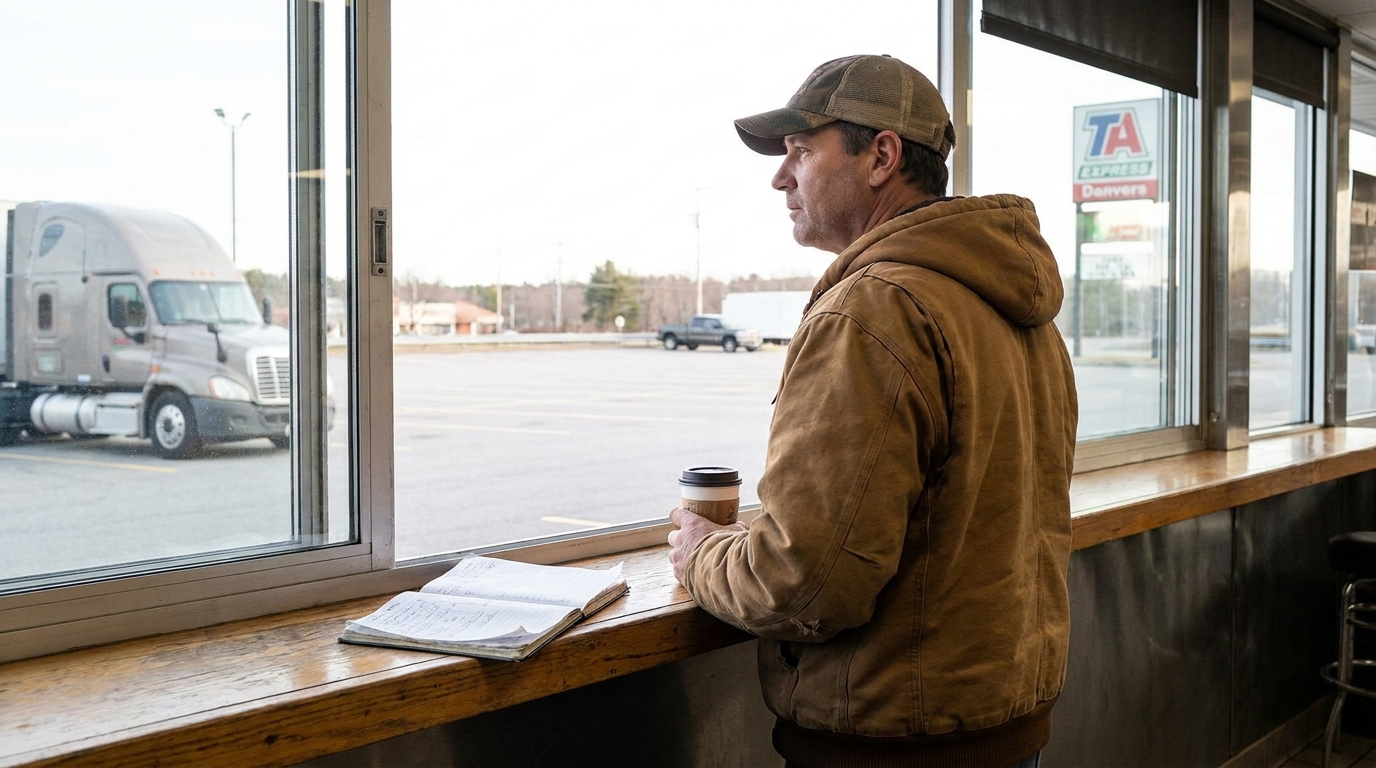 Truck Driver at Danvers TA Stop Near I-95 truck driver holding coffee cup gazing at semi-truck outside TA Express truck stop