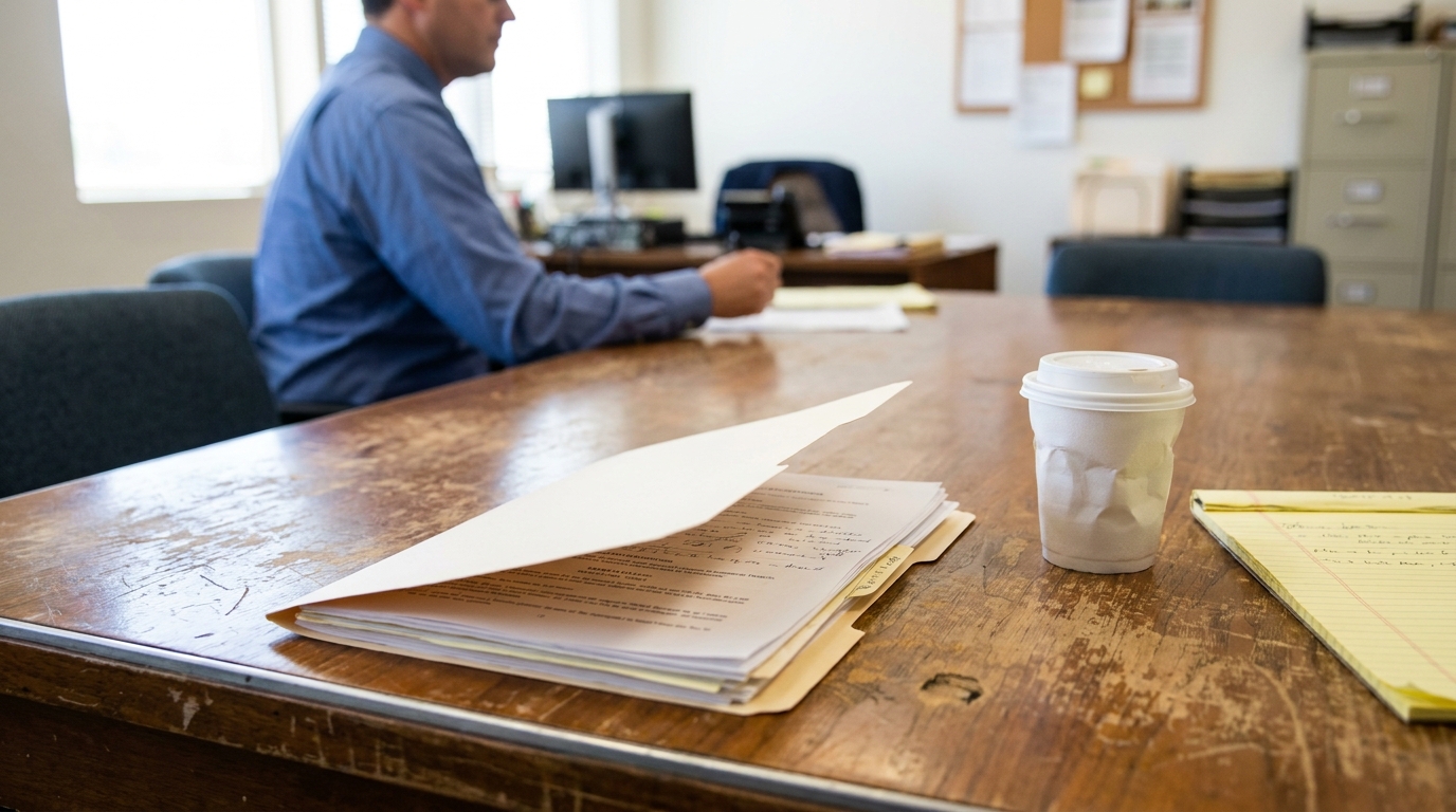 open legal file folder and coffee cup on wooden desk with attorney working in background