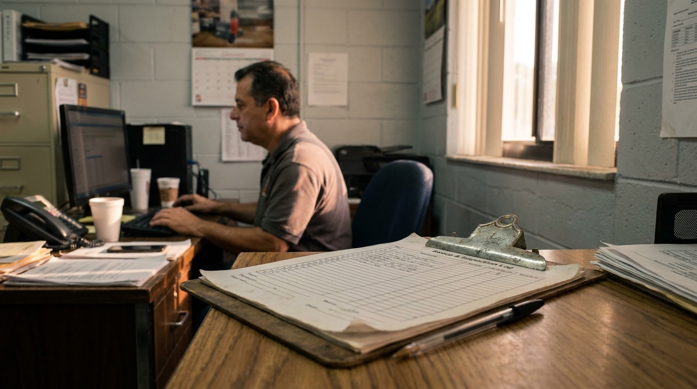 worker at desk with clipboard form and pen in industrial office