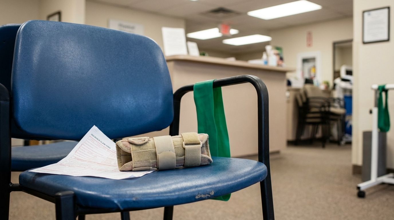 Cincinnati Personal Injury Claim Form and Wrist Brace wrist brace and insurance claim form resting on waiting room chair