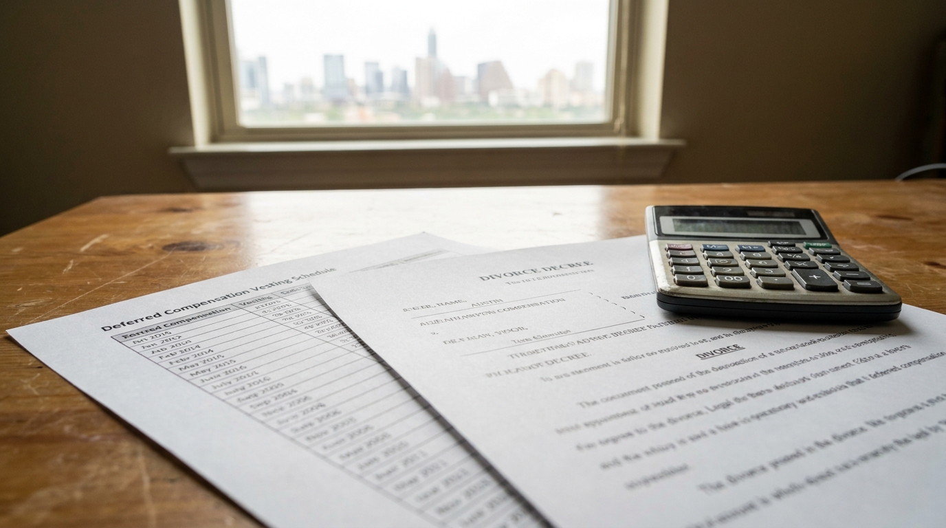 Deferred Compensation Vesting Schedule and Divorce Decree Austin Texas Divorce decree and deferred compensation vesting schedule documents beside calculator on desk
