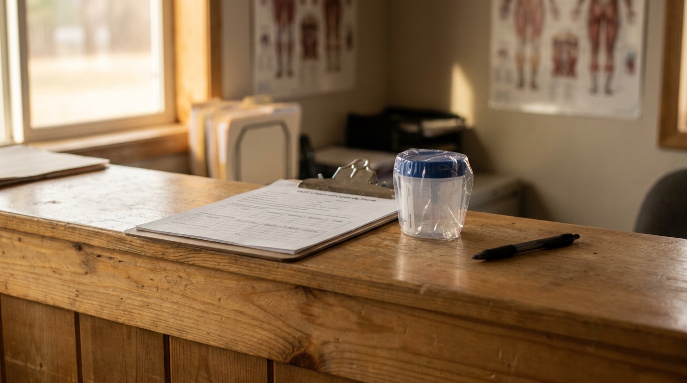 drug test chain of custody form, specimen cup, and pen on wooden counter