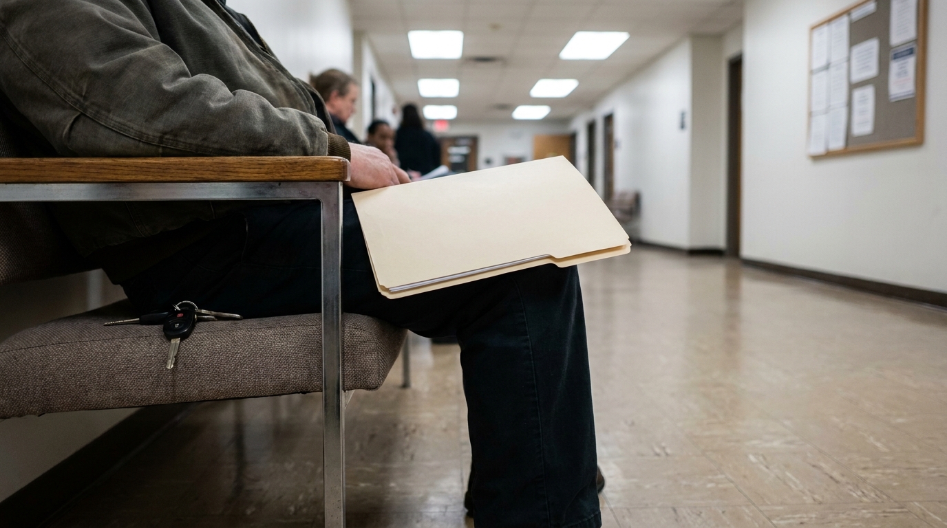 Cincinnati OVI Defendant Waiting in Courthouse With Case Files person seated in institutional hallway holding manila folder with keys on chair