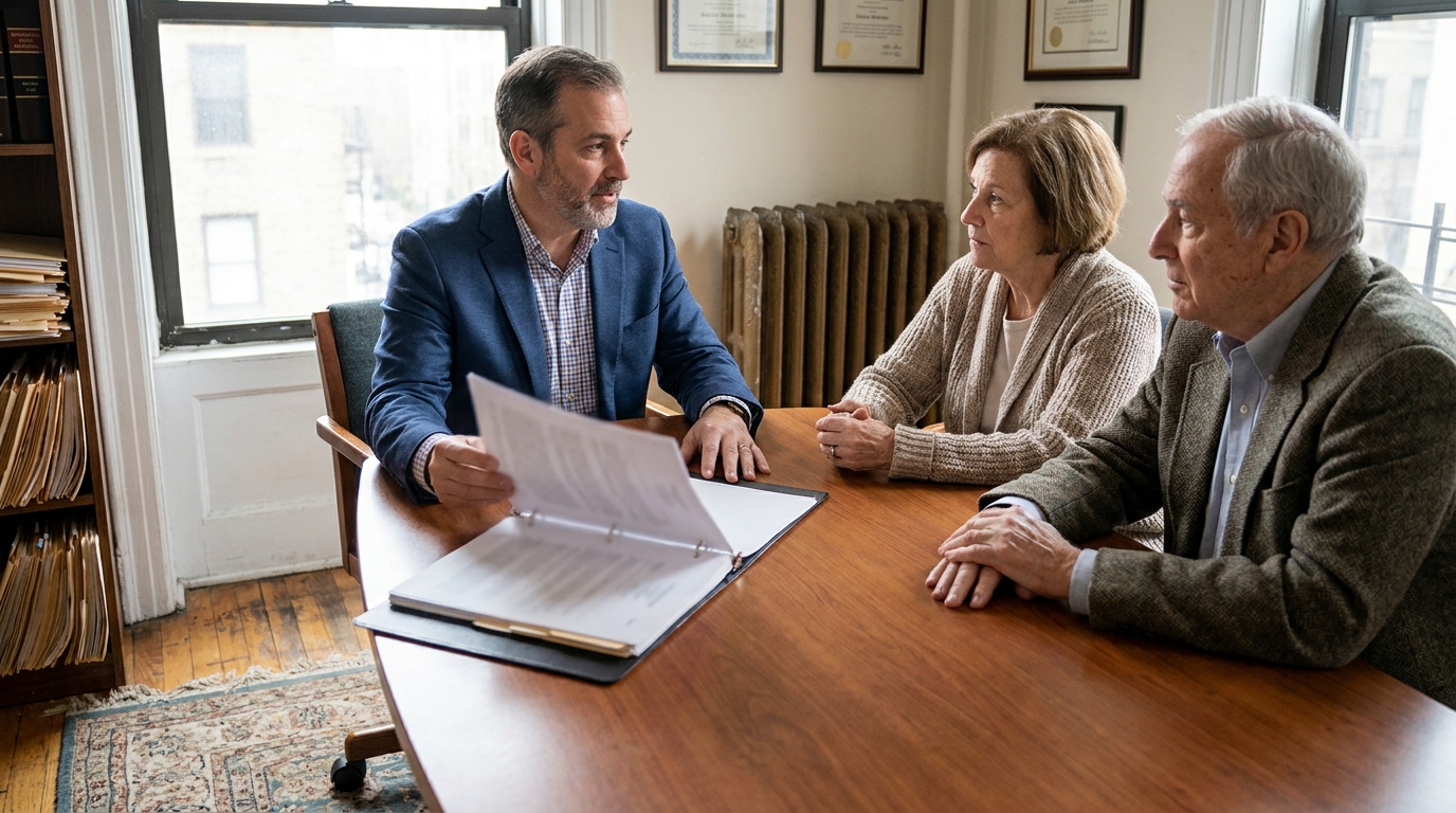 Buffalo Estate Planning Attorney Reviewing Revocable Living Trust With Clients attorney reviewing binder documents with elderly couple at office conference table