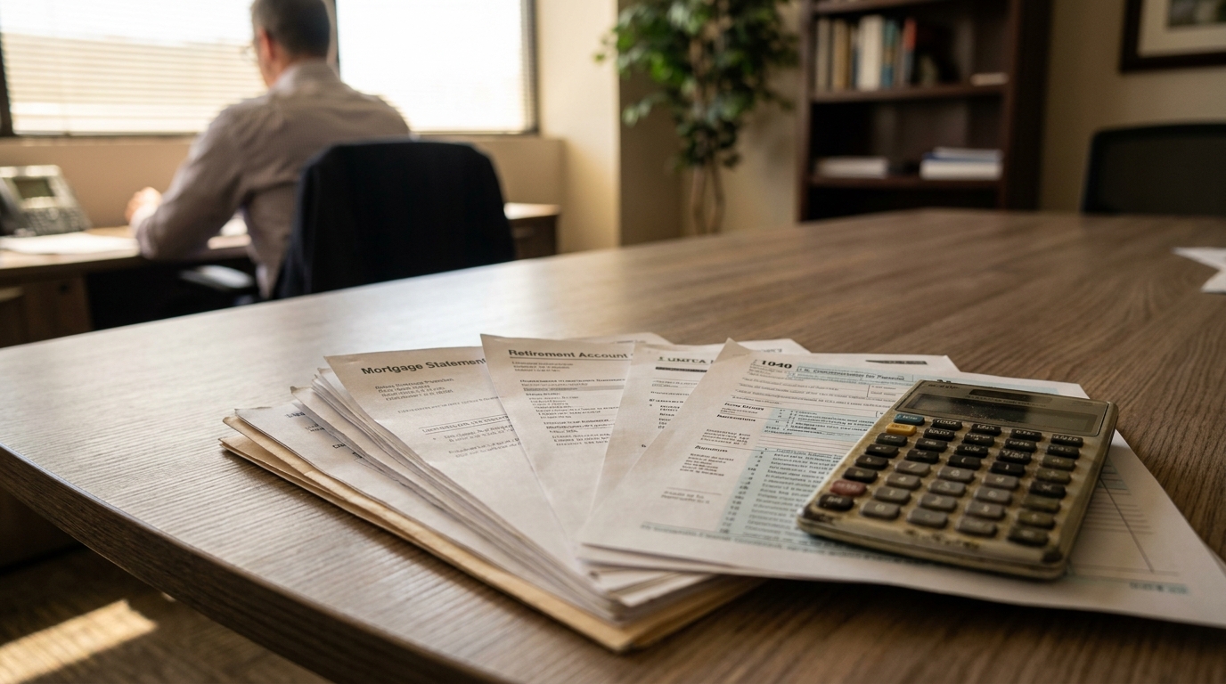 mortgage statement, retirement account, and 1040 tax form with calculator on office desk