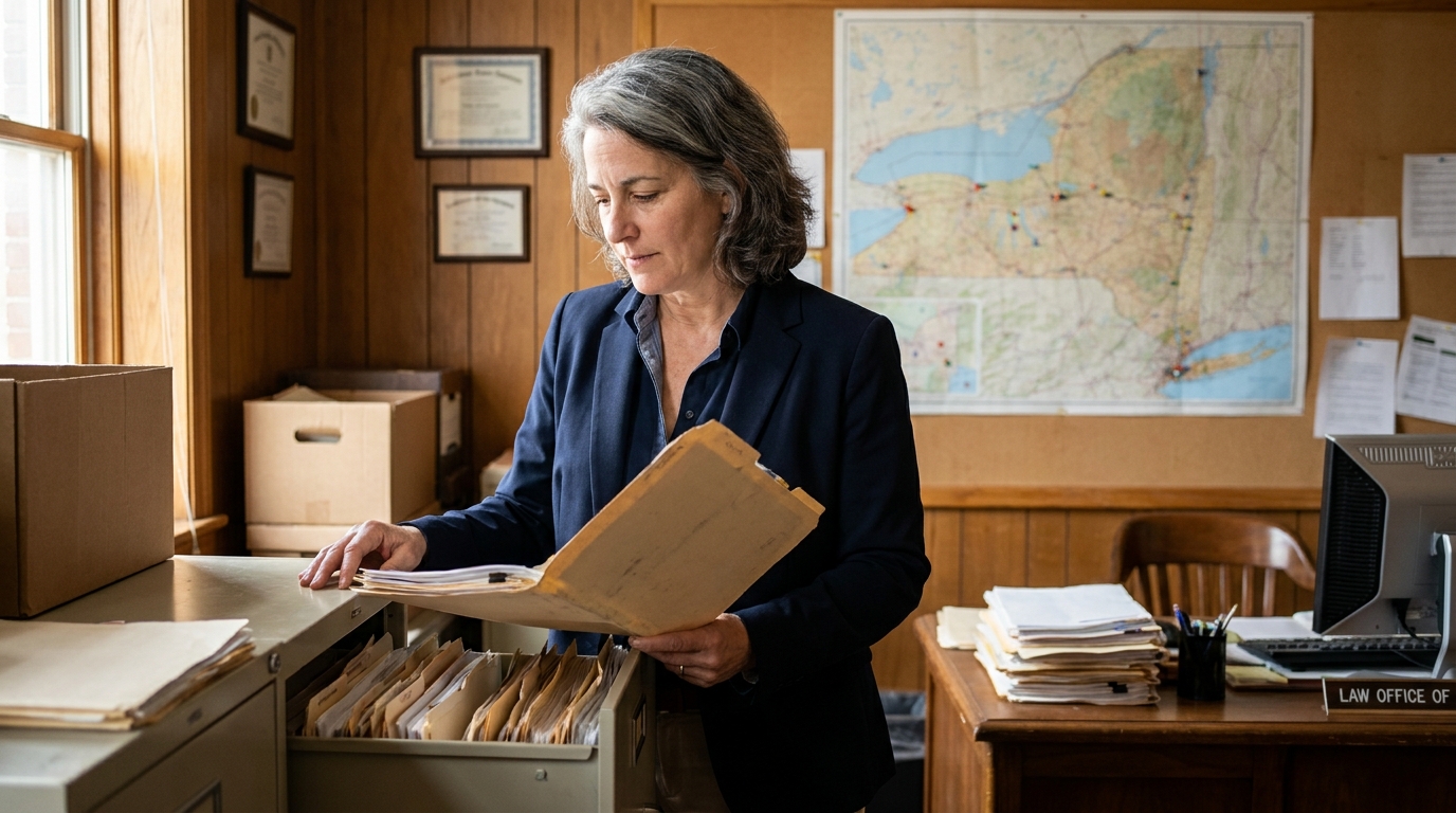 Buffalo Estate Planning Attorney Reviewing Intestate Case Files female attorney reviewing case folder beside filing cabinet in law office