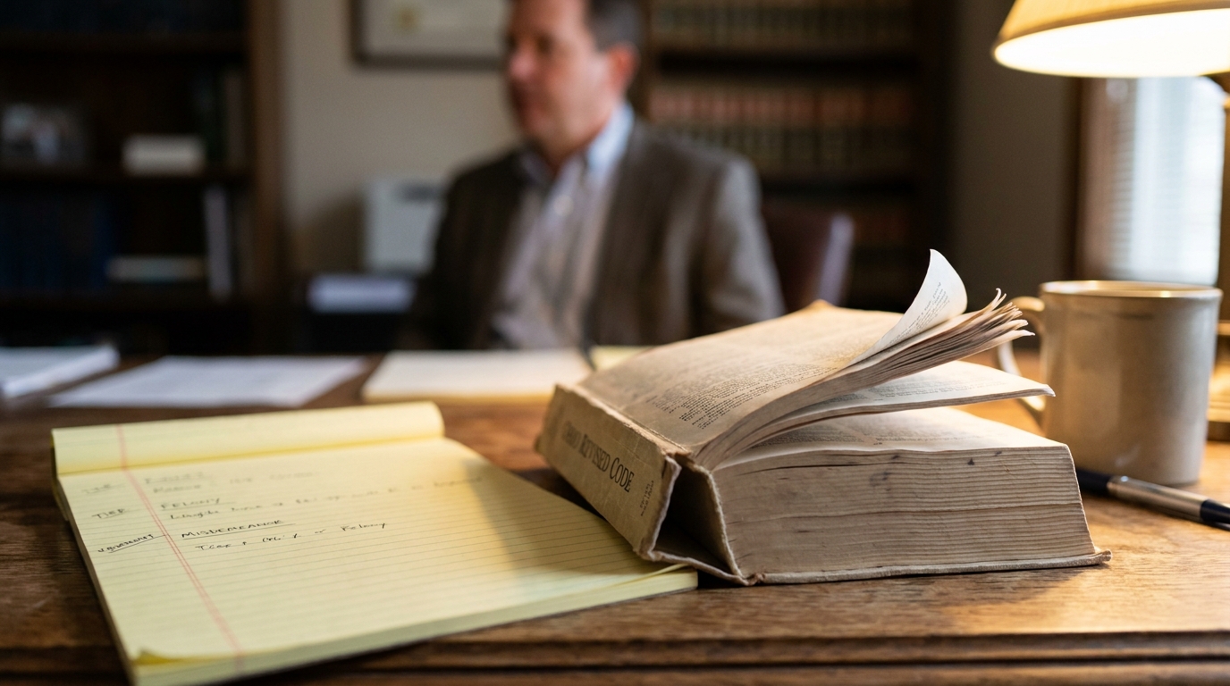 Cincinnati Criminal Defense Attorney Reviewing Felony vs Misdemeanor Ohio Law open Revised Code legal book and handwritten notes on attorney's desk