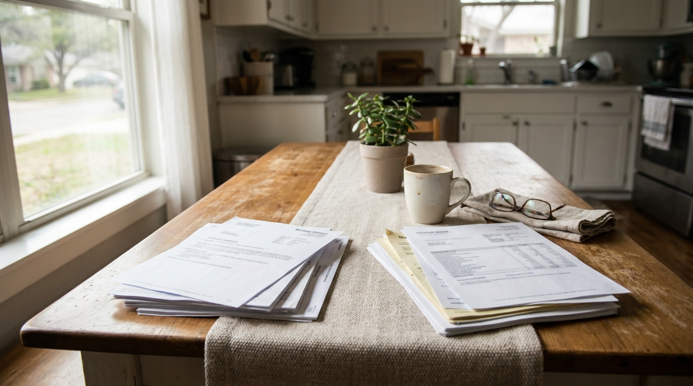stacks of legal documents and eyeglasses on wooden kitchen table