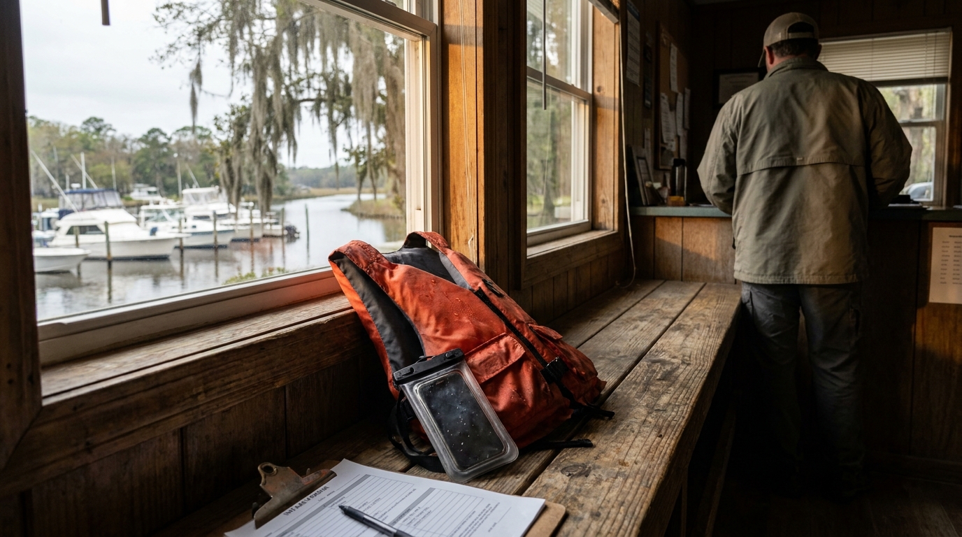 Tallahassee Marina Jet Ski Accident Report Life Vest life jacket and clipboard with documents on wooden bench inside marina building