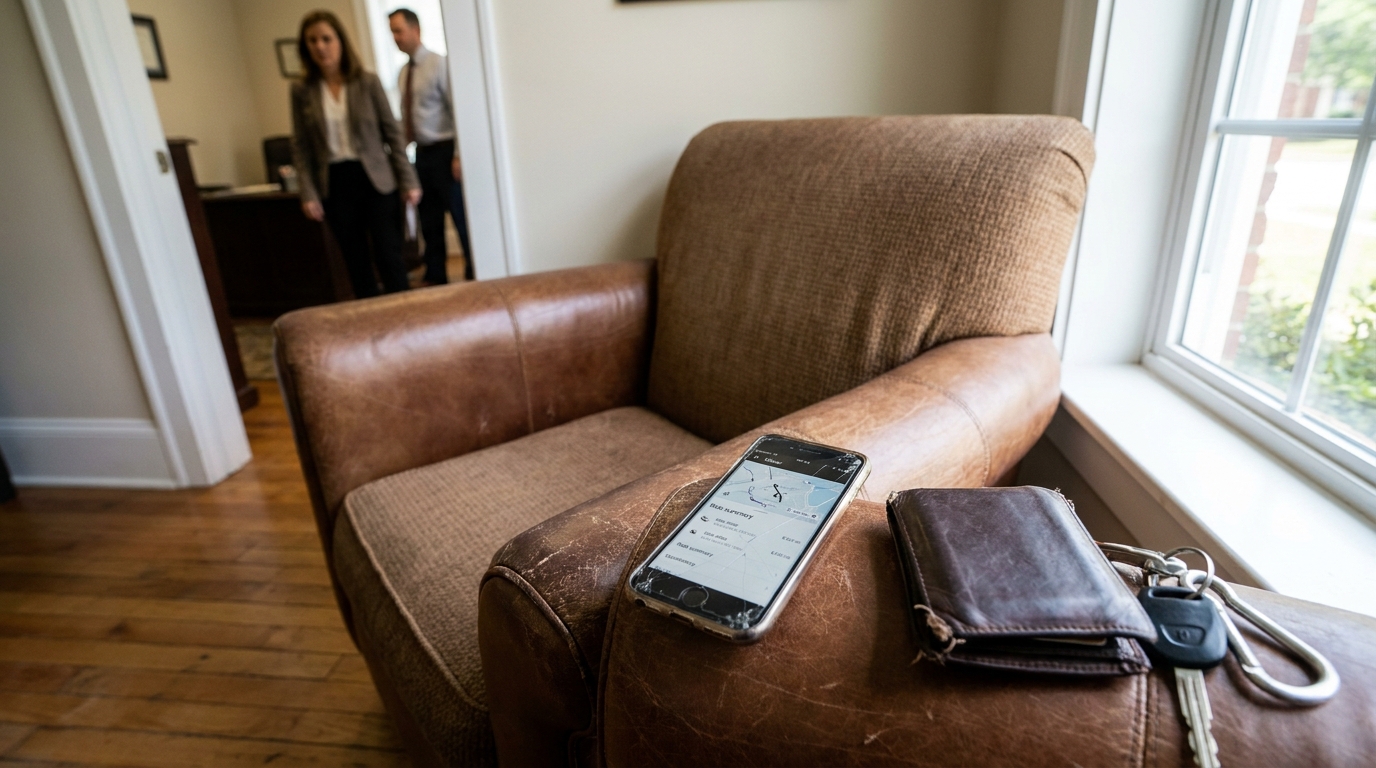 smartphone displaying Uber app on leather chair with wallet and car keys