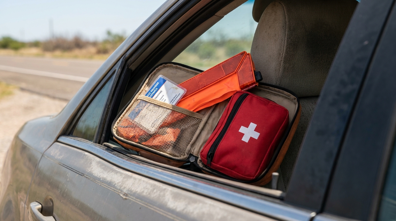 Houston Car Accident First Aid Kit and ID on Car Seat first aid kit with cross symbol and emergency supplies on car seat