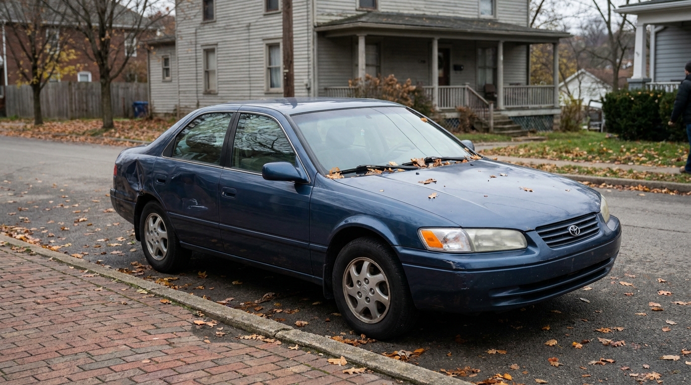 Morgantown WV Car Crash Evidence Documentation Toyota Camry sedan parked on residential street with fallen autumn leaves
