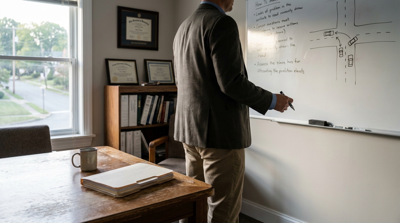 attorney writing case notes and intersection diagram on office whiteboard