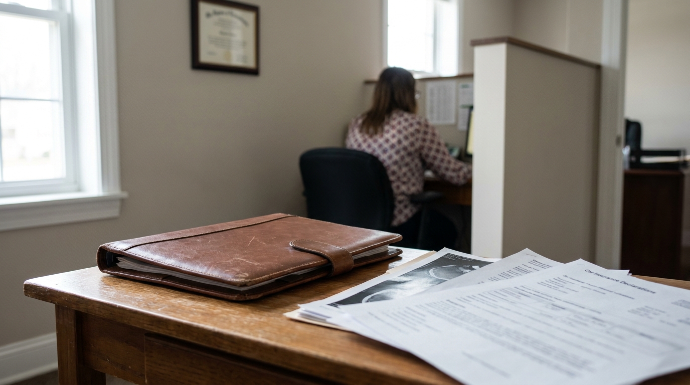 Dayton Car Accident Attorney Reviewing Severe Injury Claim Documents leather portfolio and insurance documents on wooden desk in law office