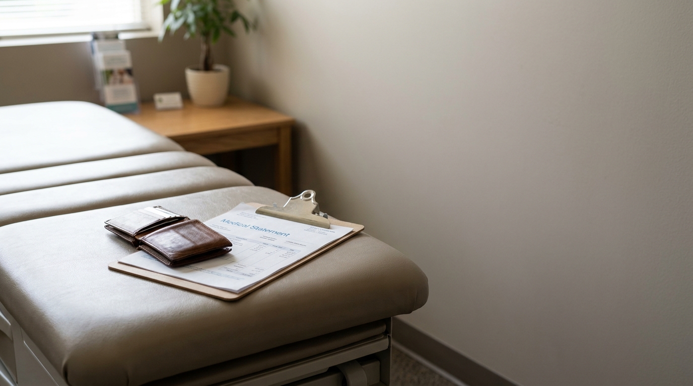 Medical Statement clipboard and wallet resting on medical examination table