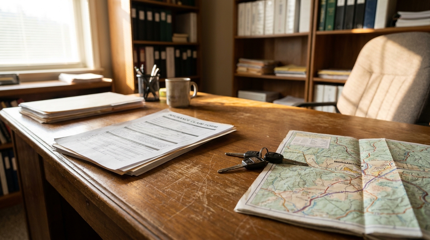 Morgantown Car Accident Insurance Claim Fault Attorney Desk insurance claim form, car keys, and Morgantown map on law office desk