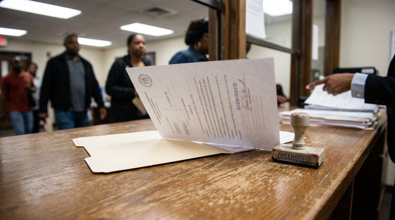 Dismissed Criminal Charges Document Lawrenceville Georgia Courthouse court document stamped Dismissed on clerk counter with people in background