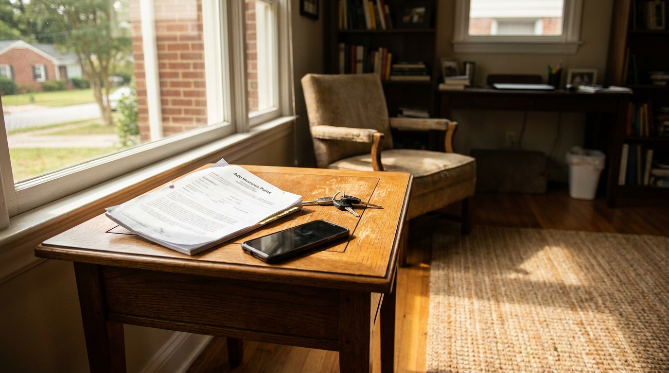 Charlotte Auto Insurance Policy Documents and Car Keys Auto insurance policy document, car keys, and smartphone on wooden table