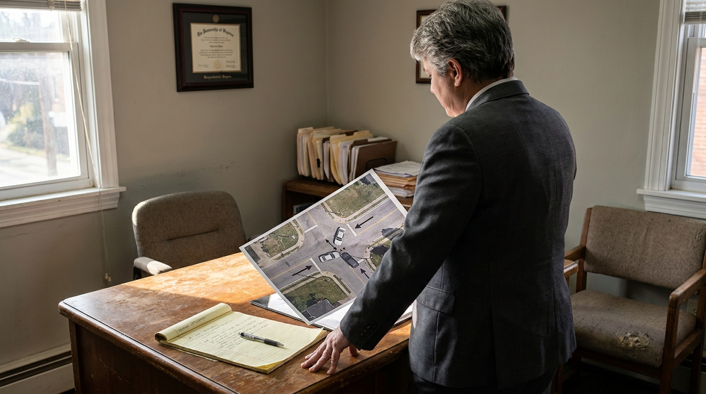 Morgantown Car Accident Attorney Reviewing Disputed Fault Evidence attorney reviewing aerial intersection collision diagram at office desk with legal notepad